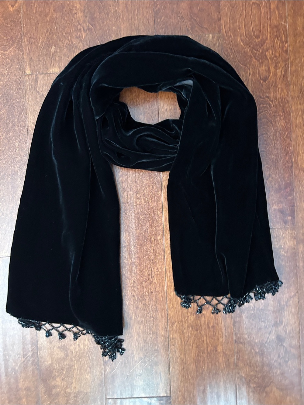 Practical Magic Vibes, Black Velvet Scarf with
Hand Beaded Tassel Hem